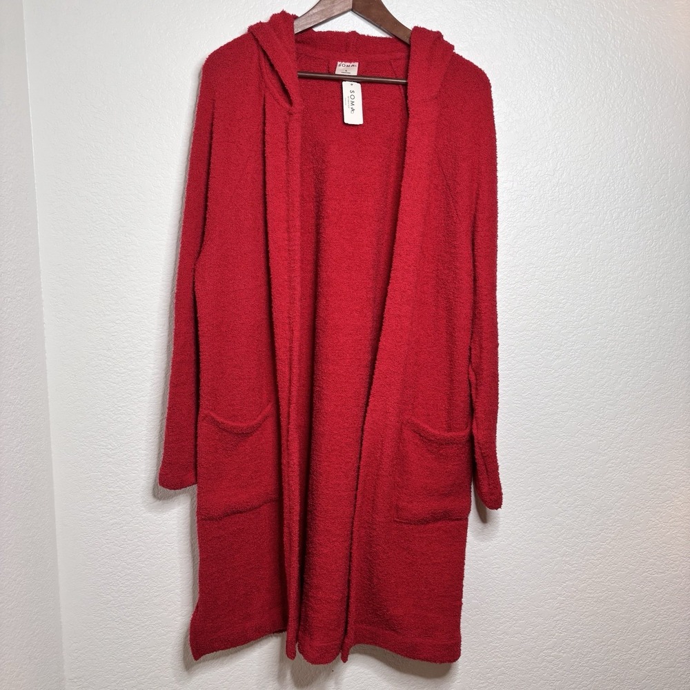 Soma Red Bouclé Hooded Cardigan Women's Large NWT Cozy "Home at Last" Sweater